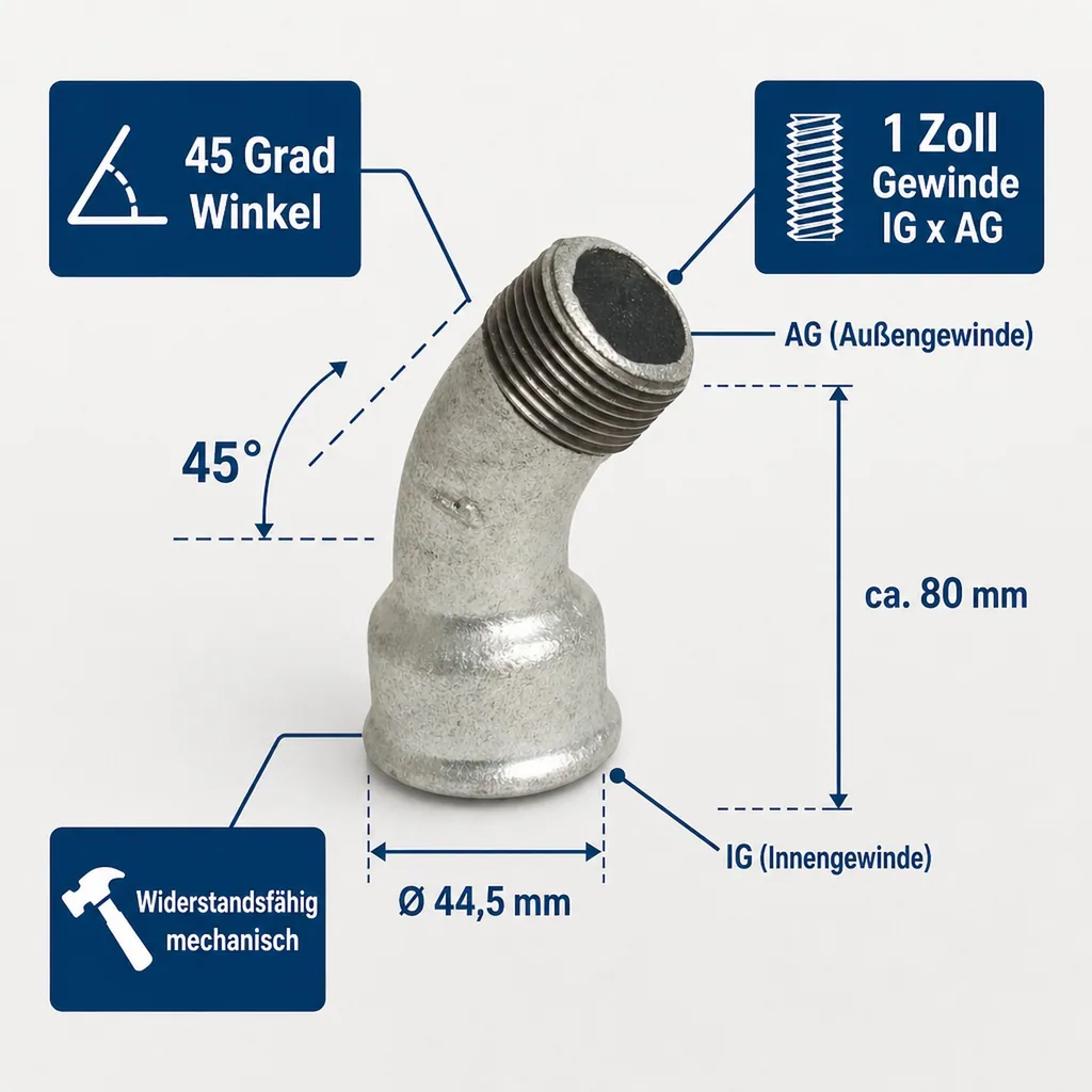 Gewindefitting Temperguss, Bogen 45 Grad, 1 Zoll, IG x AG