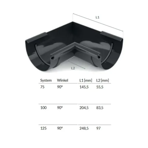 Regenrinne Eckstück Innen 90° graphit, System 125