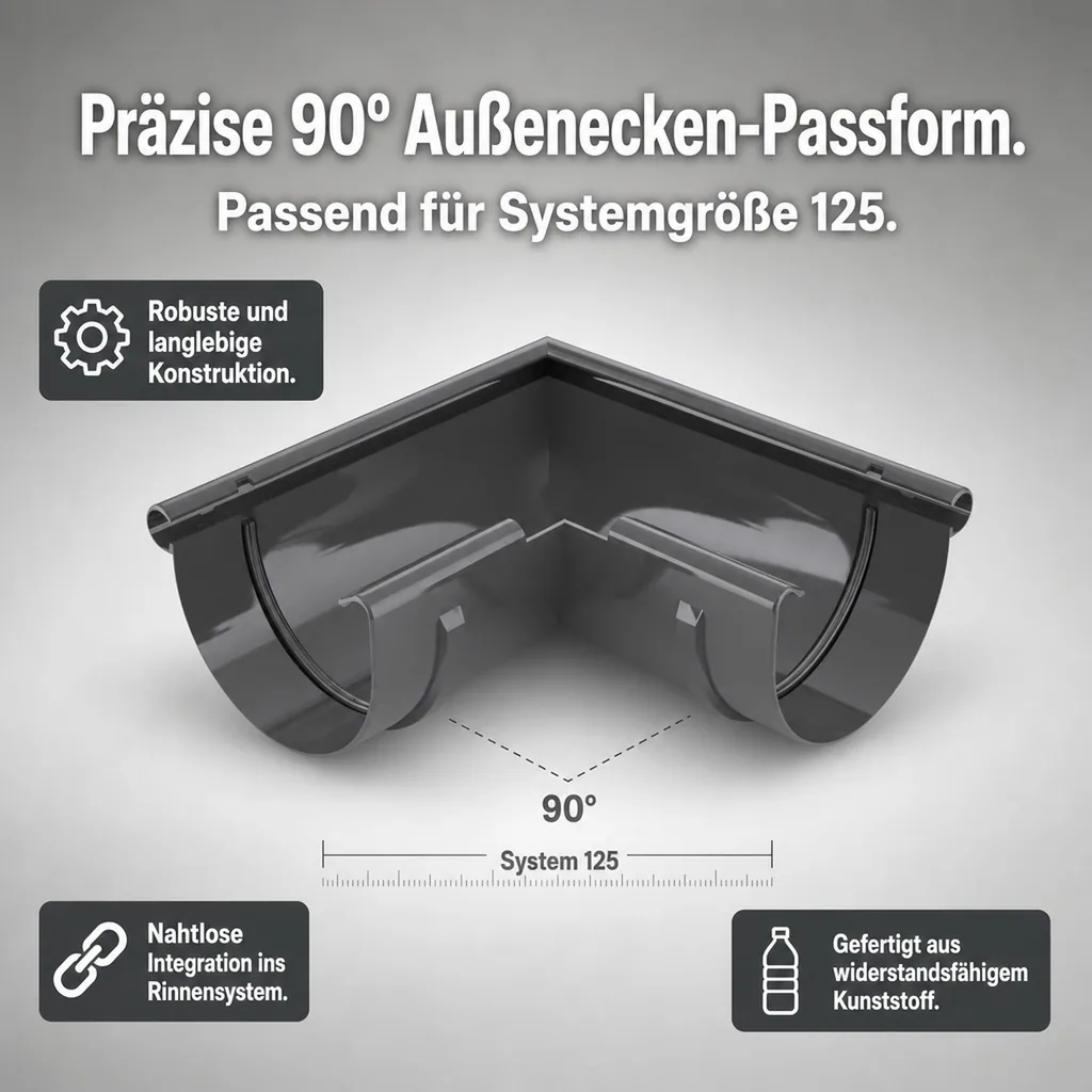 Regenrinne Eckstück Graphit 90° außen, System 125, Dachrinne