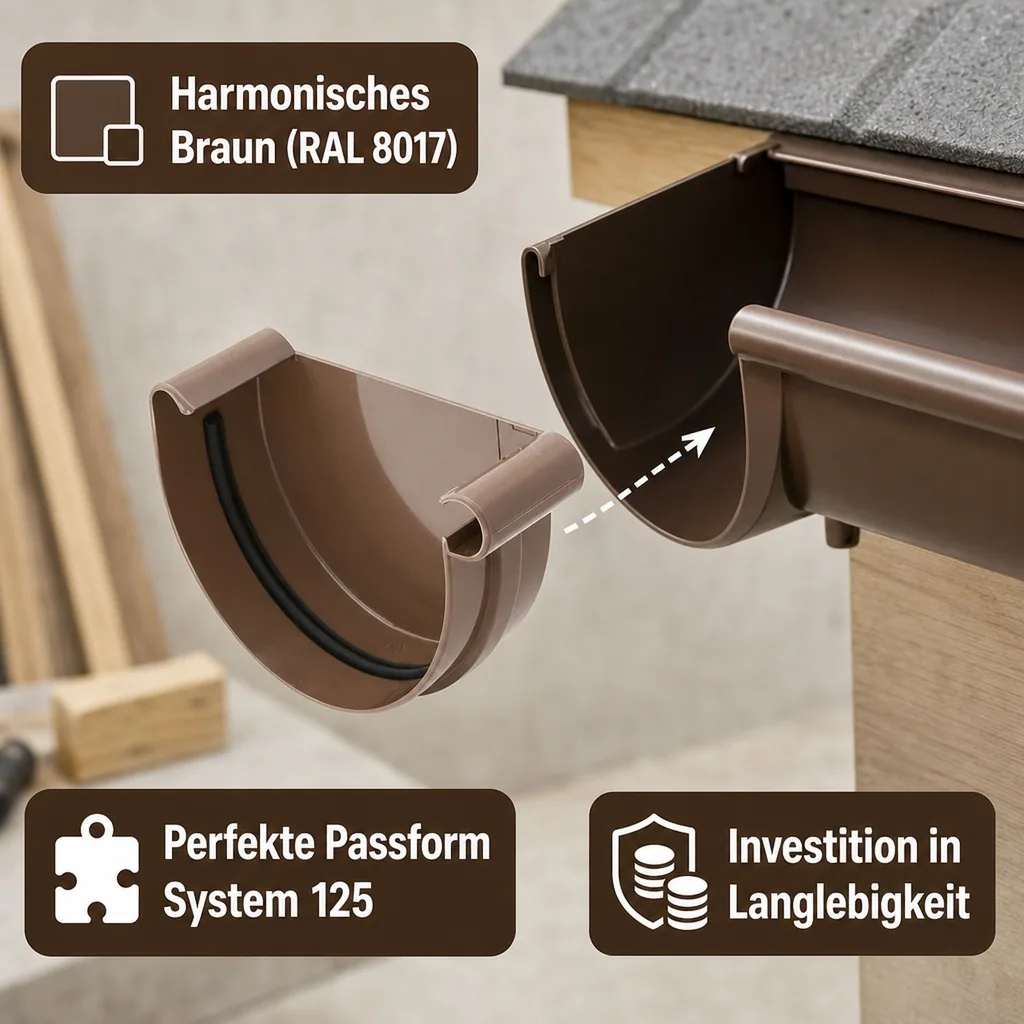 Regenrinne, Rinnenkappe rechts braun, System 125