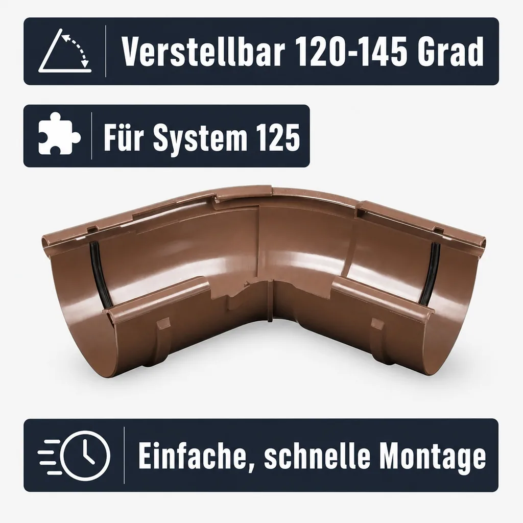 Regenrinne Eckstück Aussen, verstellbar 120-145°, System 125, braun