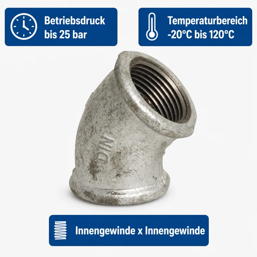 Gewindefitting Temperguss Winkel 45° 1/2" IG x 1/2" IG