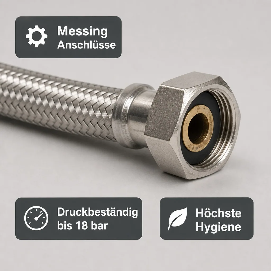 Panzerschlauch, Edelstahl, Flexschlauch, 1/2" x 3/4", 2000 mm, DVGW