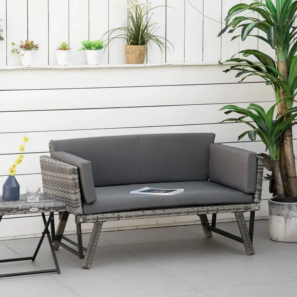 Poly Rattan Gartenbank 2 Sitzer Gartenmöbel Lounge Sofa Klappbare Armlehnen Stahl Grau 129 x 66 x 67 cm