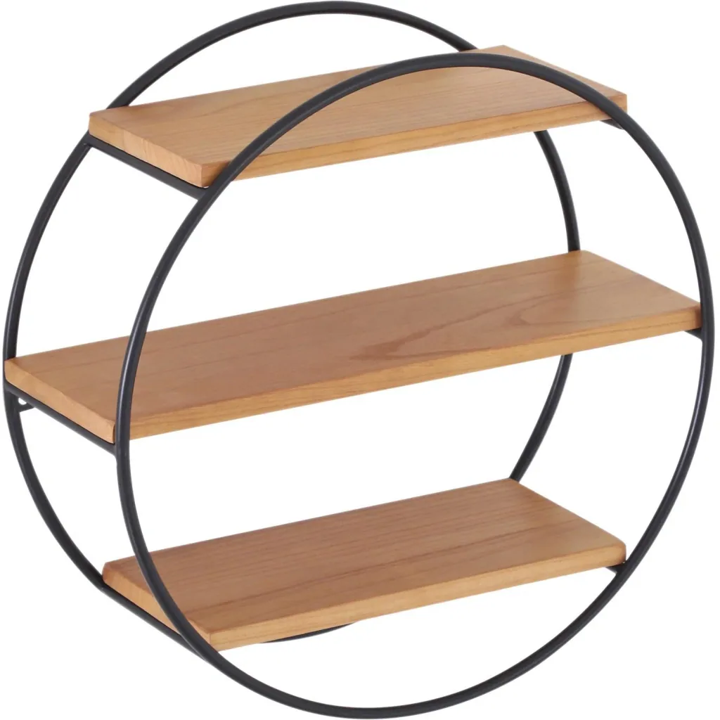 Wandregal Bücherregal Metallregal Hängeregal Dekoregal rund 3 Etage Metall + Holz Schwarz + Natur ?50 x 19cm