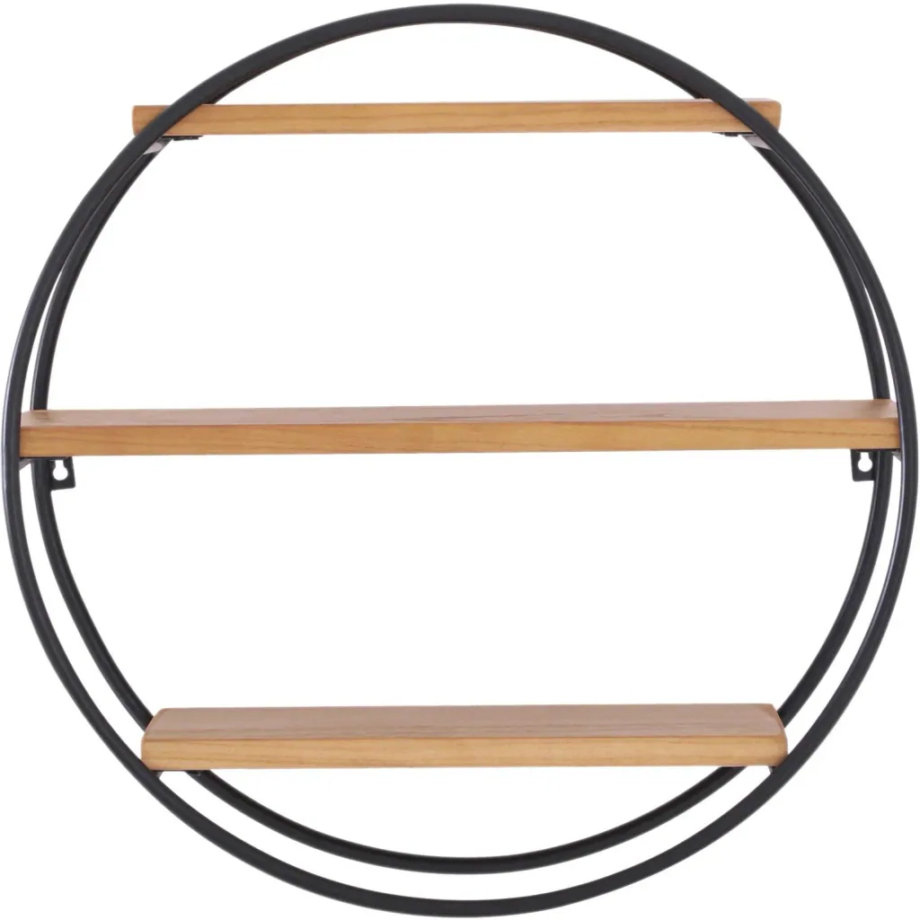 Wandregal Bücherregal Metallregal Hängeregal Dekoregal rund 3 Etage Metall + Holz Schwarz + Natur ?50 x 19cm