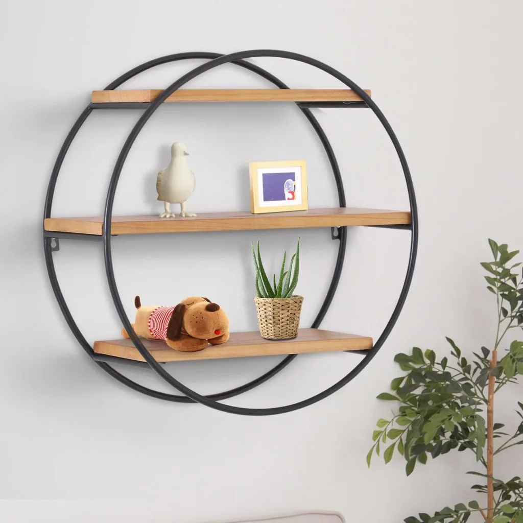 Wandregal Bücherregal Metallregal Hängeregal Dekoregal rund 3 Etage Metall + Holz Schwarz + Natur ?50 x 19cm