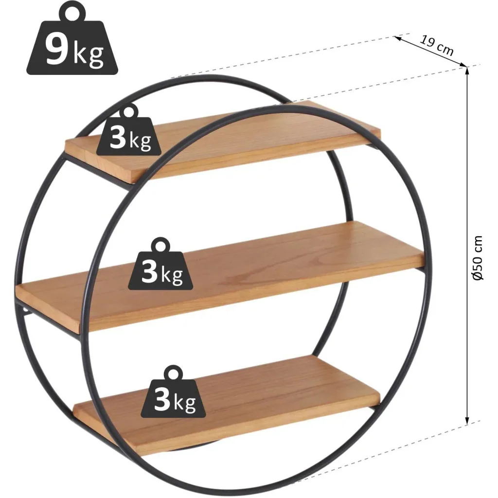 Wandregal Bücherregal Metallregal Hängeregal Dekoregal rund 3 Etage Metall + Holz Schwarz + Natur ?50 x 19cm