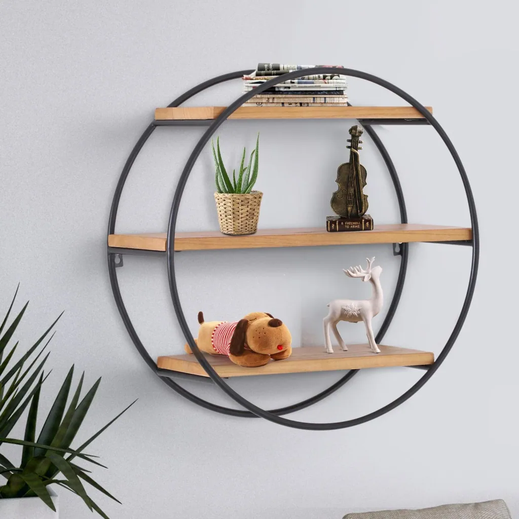Wandregal Bücherregal Metallregal Hängeregal Dekoregal rund 3 Etage Metall + Holz Schwarz + Natur ?50 x 19cm
