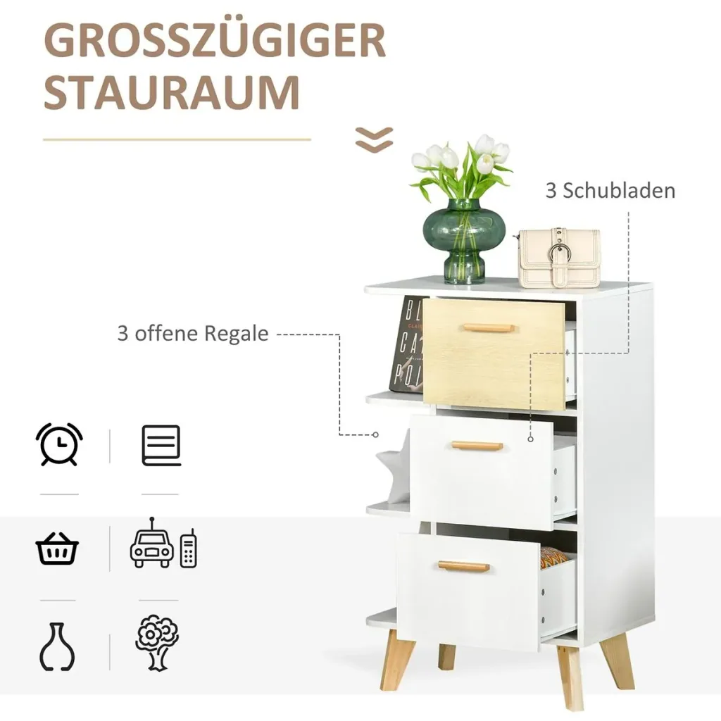 Sideboard Kommode Schrank mit 3 offenen Ablagen Schubladen Aufbewahrungsschrank Mehrzweckschrank für Wohnzimmer Schlafzi