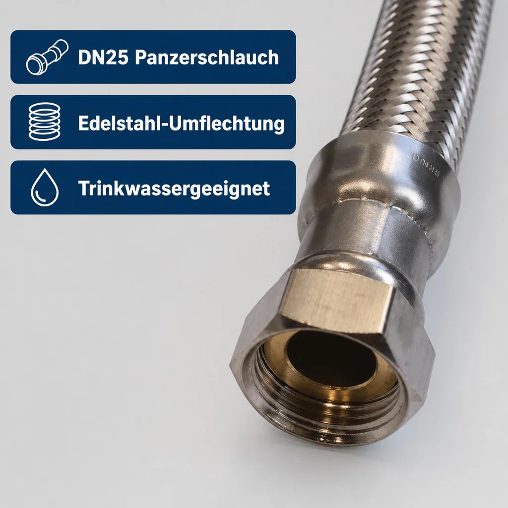 Panzerschlauch DN25, Edelstahl, flexibel, 1000mm, DVGW, Trinkwasser