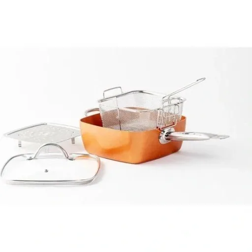 Mehrzweckpfanne - Fritteuse / Fritteusenkorb - Antihaftbeschichtung - Marmorbeschichtung - Orange