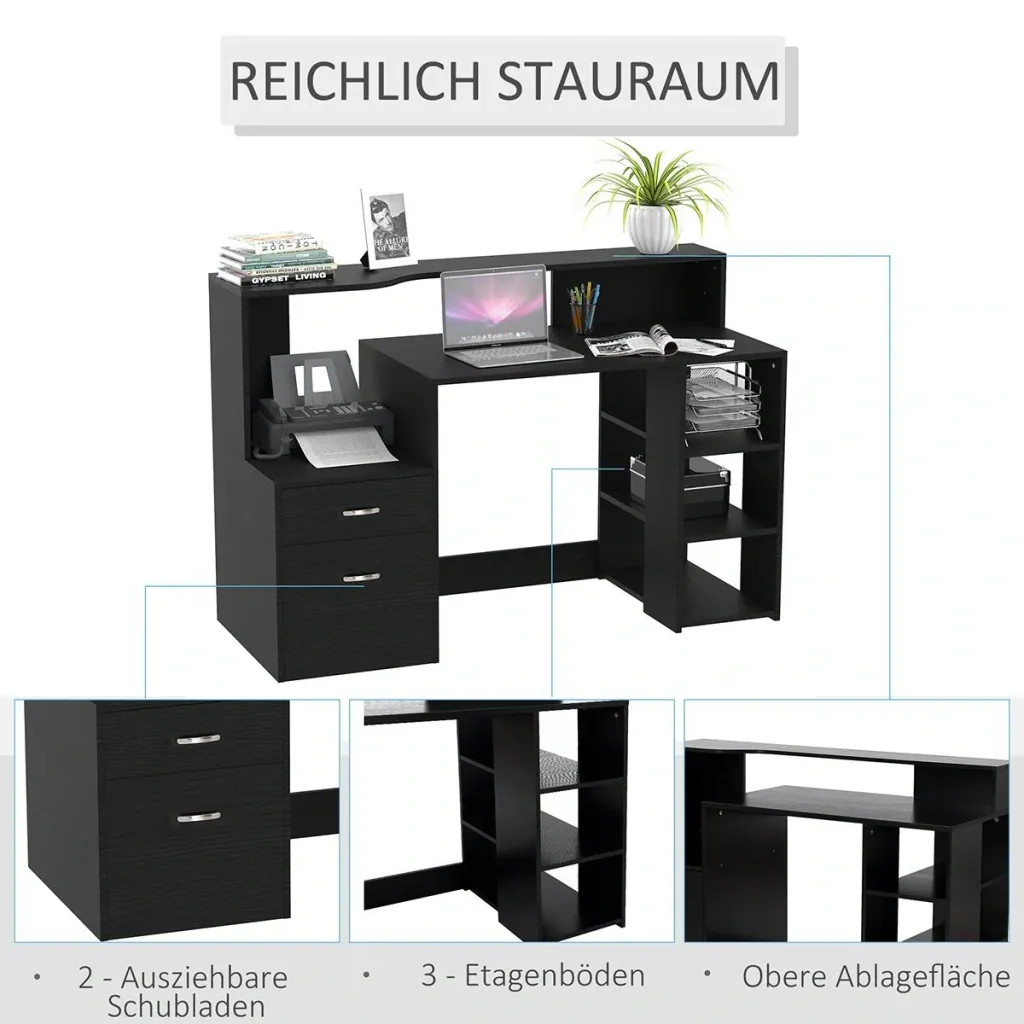Schreibtisch mit Regal Computertisch Bürotisch mit Tischplatte für Drucker Schublade MDF Metall Schwarz 137 x 55 x 92 cm