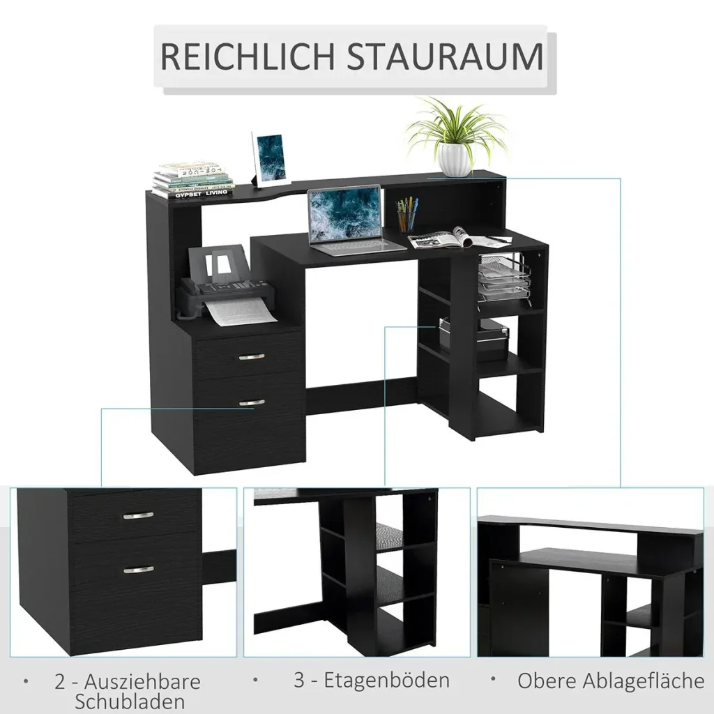 Schreibtisch mit Regal Computertisch Bürotisch mit Tischplatte für Drucker Schublade MDF Metall Schwarz 137 x 55 x 92 cm