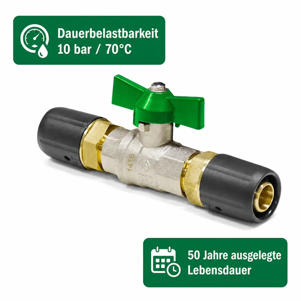 Kugelhahn für Trinkwasser, Steckfitting, 16 x 2 auf 16 x 2, grün, DVGW-zertifiziert