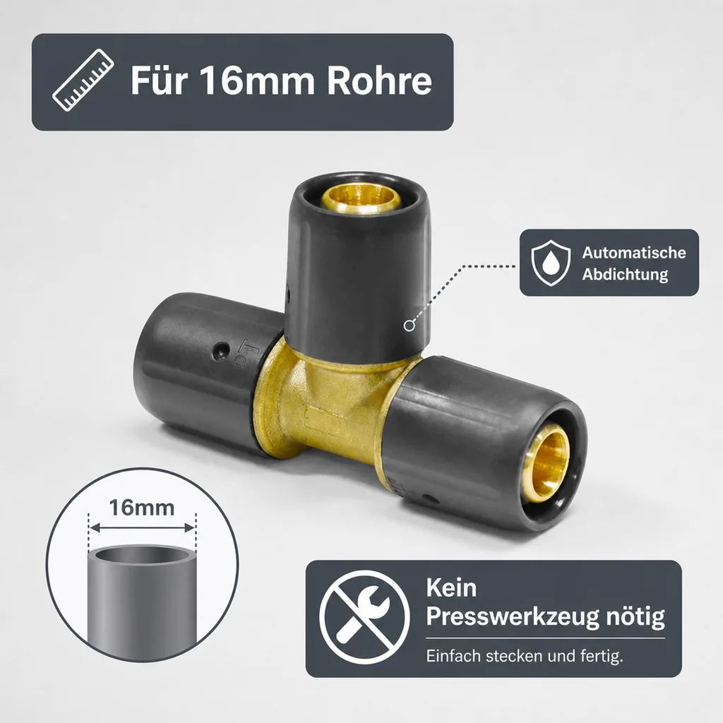 T Stück Fitting, Steckfitting 16mm, Rohrverbinder T-Stück, ohne Pressen