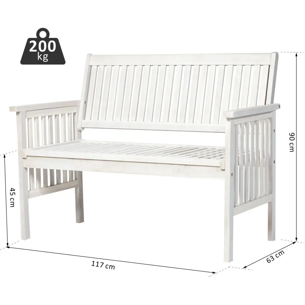 2-Sitzer Sitzbank Gartenbank Holzbank Bank mit Armlehne Landhausstil Akazienholz Weiß 117 x 63 x 90 cm