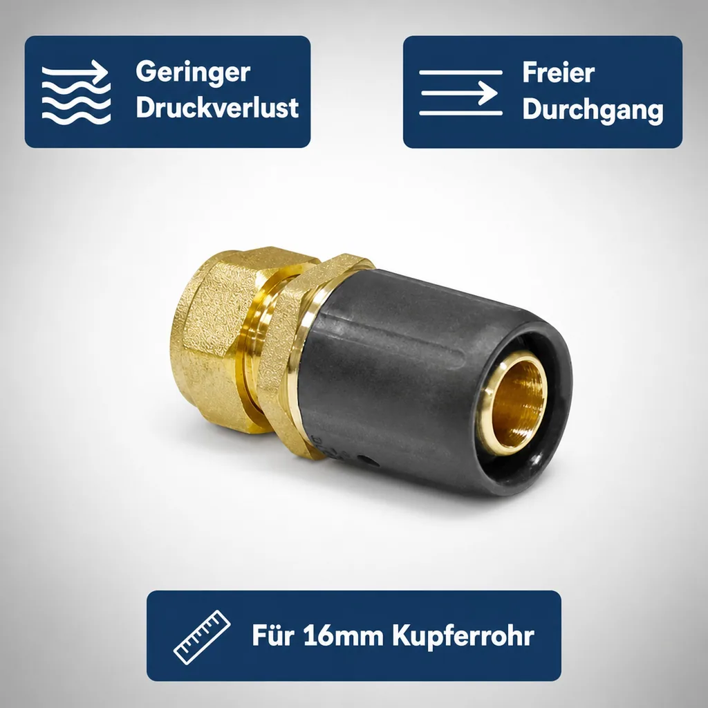 Steckfitting Kupferrohr, Übergang 16mm auf 15mm, Schraubanschluss