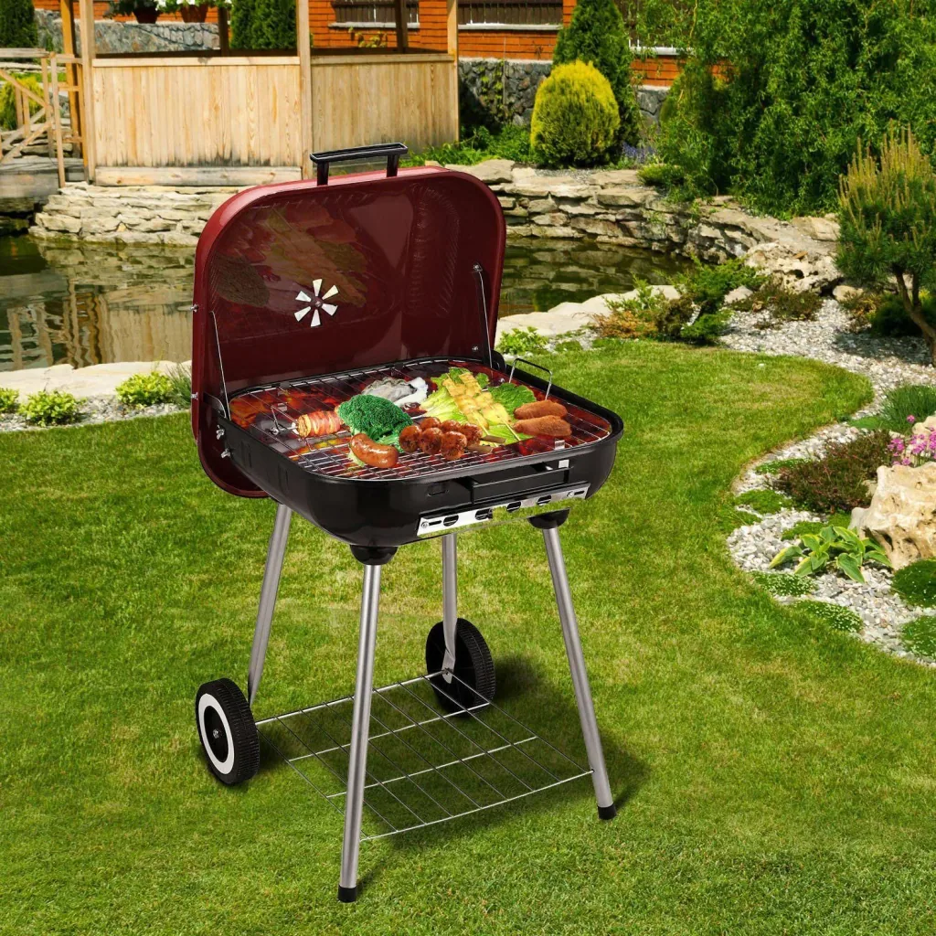 Holzkohlegrill Grillwagen auf Rollen Rot L45 x B47,5 x H70cm