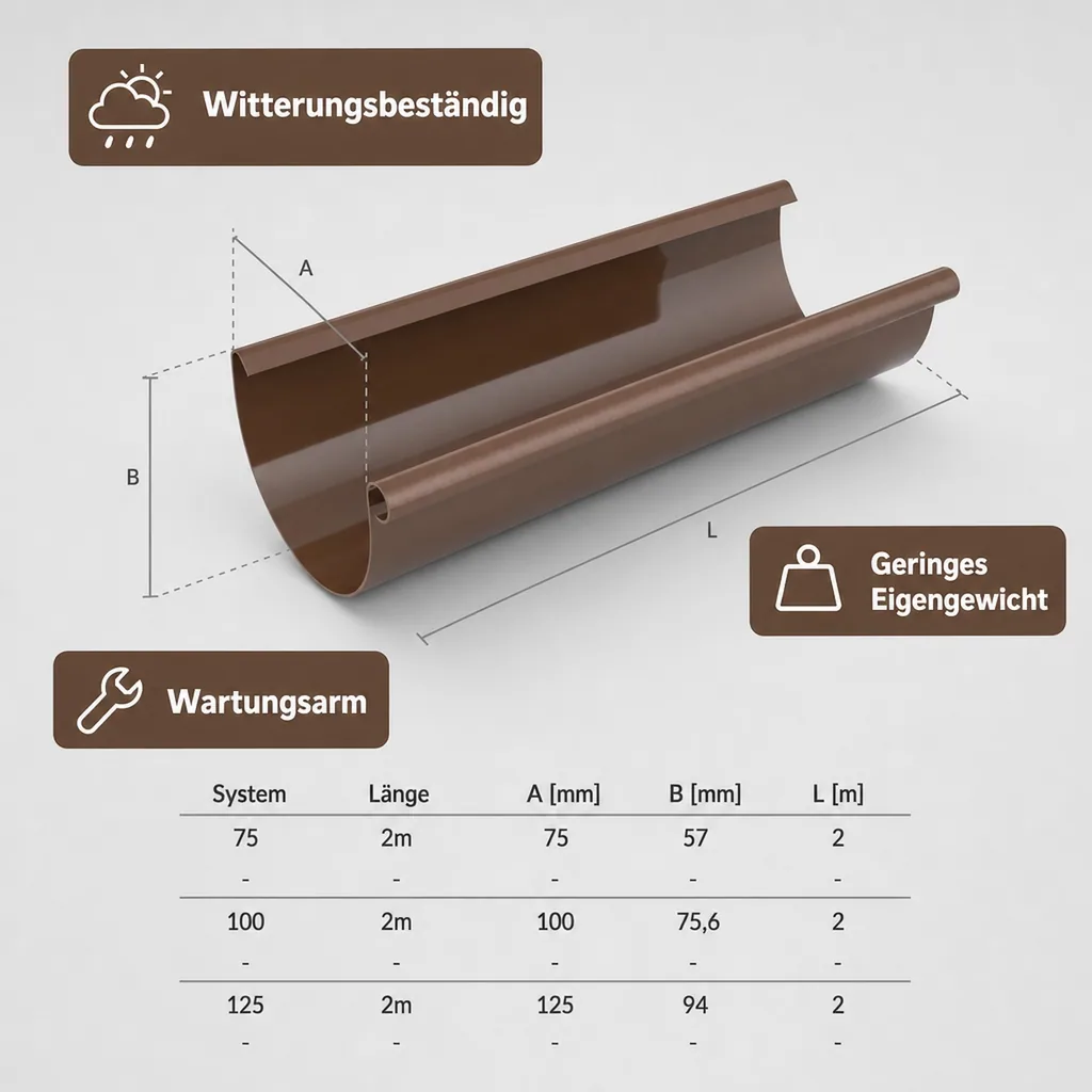 Regenrinne 2m braun, Dachrinne Kunststoff System 75, Rinnensystem
