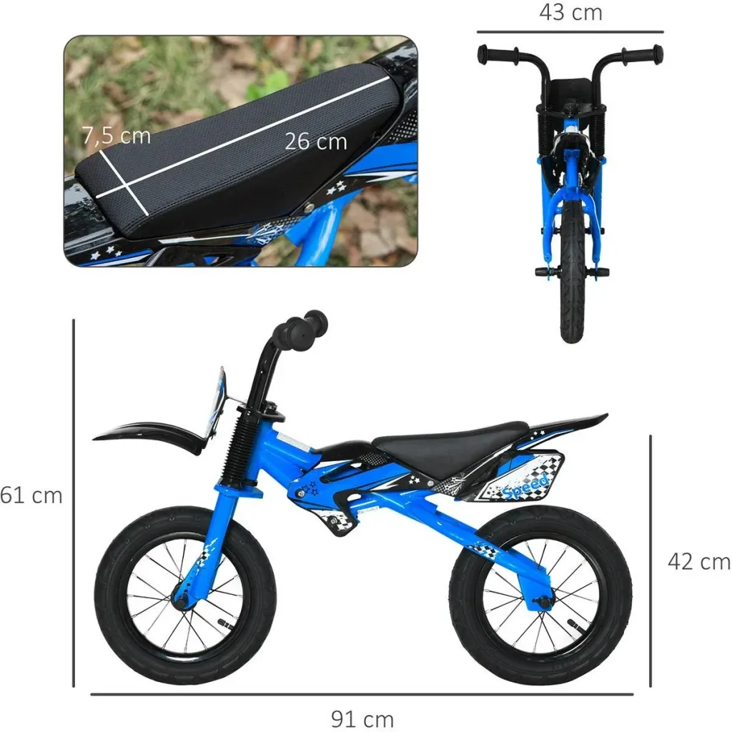 Balance Bike Motorrad Ø30 cm 3-6 Jahre Luftgefüllte Reifen Kunstleder Sattel Blau 91 x 43 x 61 cm