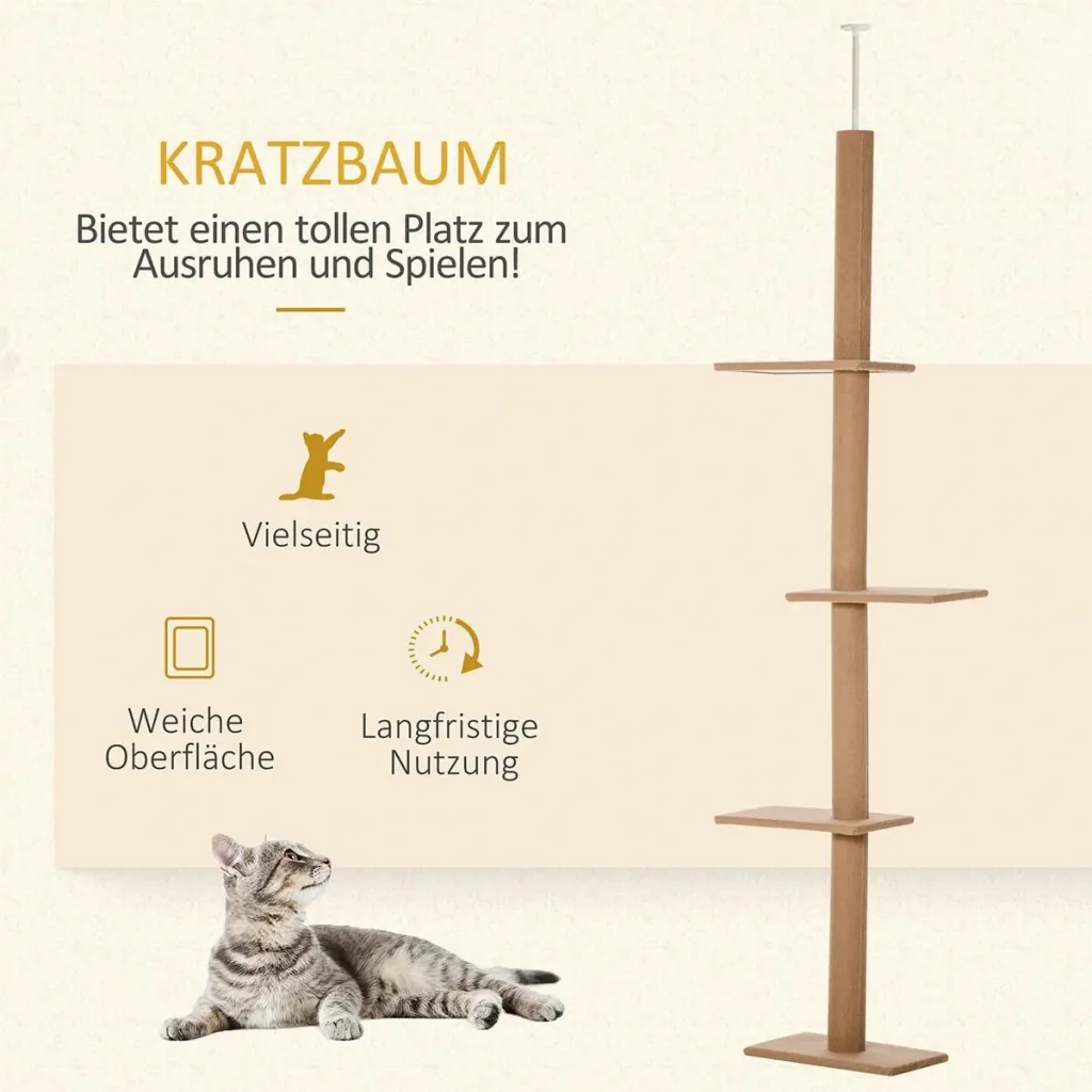Kratzbaum Katzenbaum Kletterbaum für Katzen Höhenverstellbar Spielbaum Hellbraun 43x27x228-260 cm