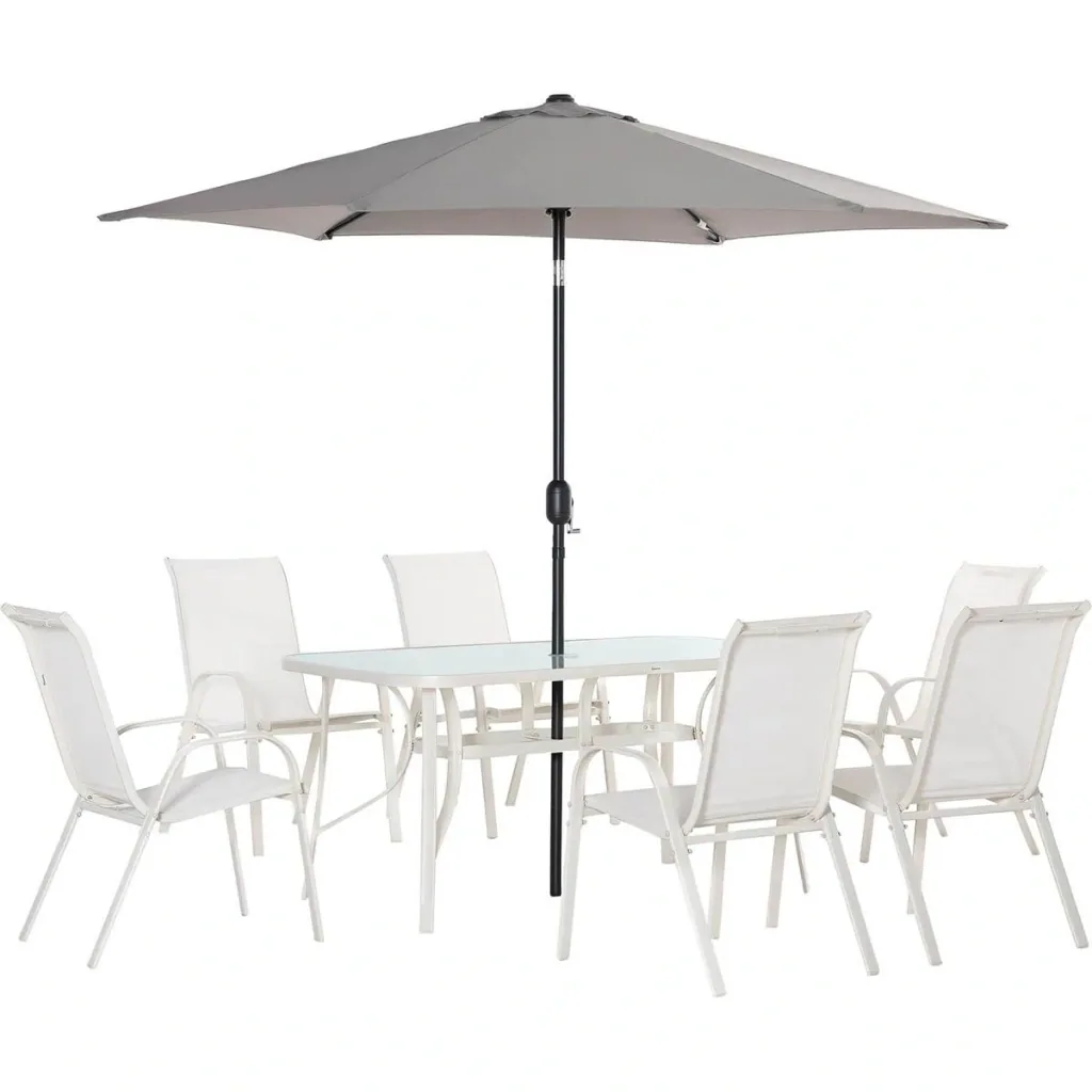 8-teiliges Gartenmöbel-Set mit Sonnenschirm, creme+hellgrau