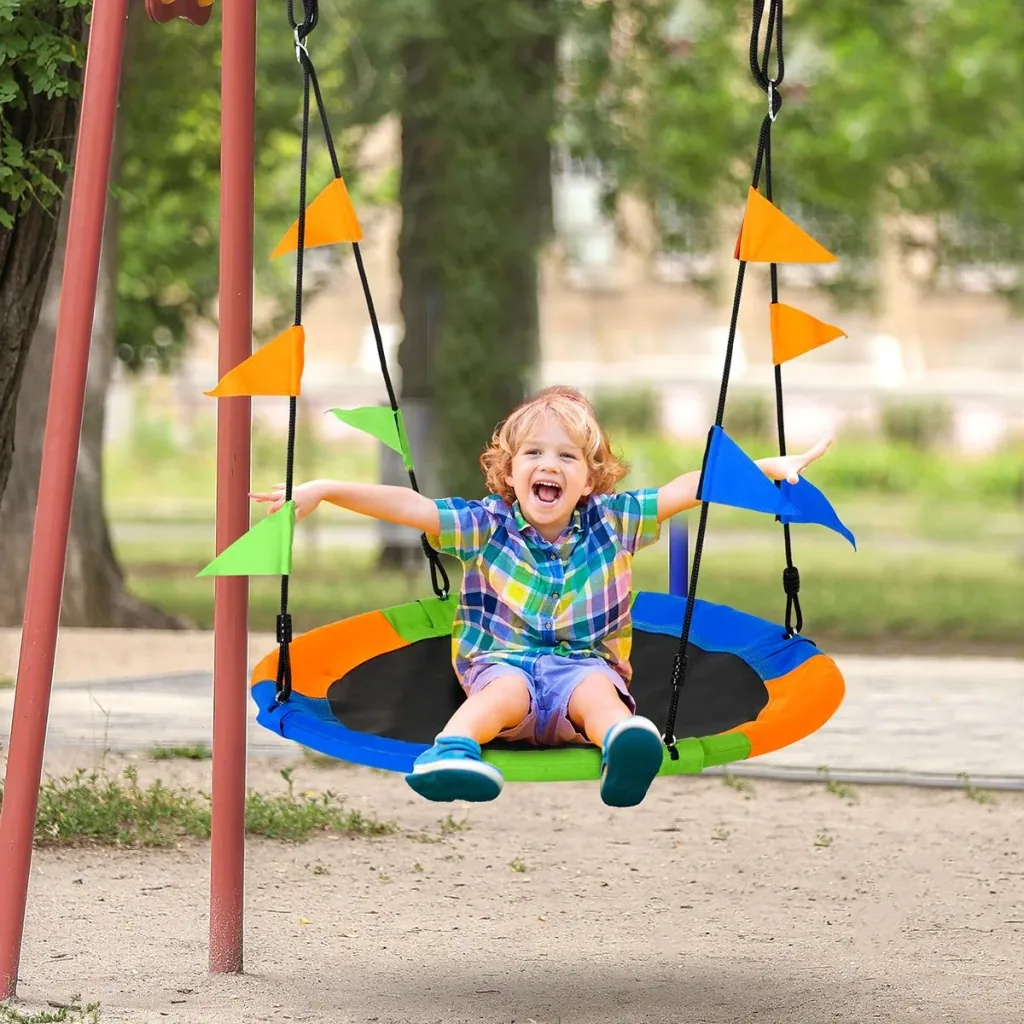 Nestschaukel Tellerschaukel Kinderschaukel Gartenschaukel bis 80 kg belastbar für 3+ Jahre Metall Polyester Blau+Grün+Or