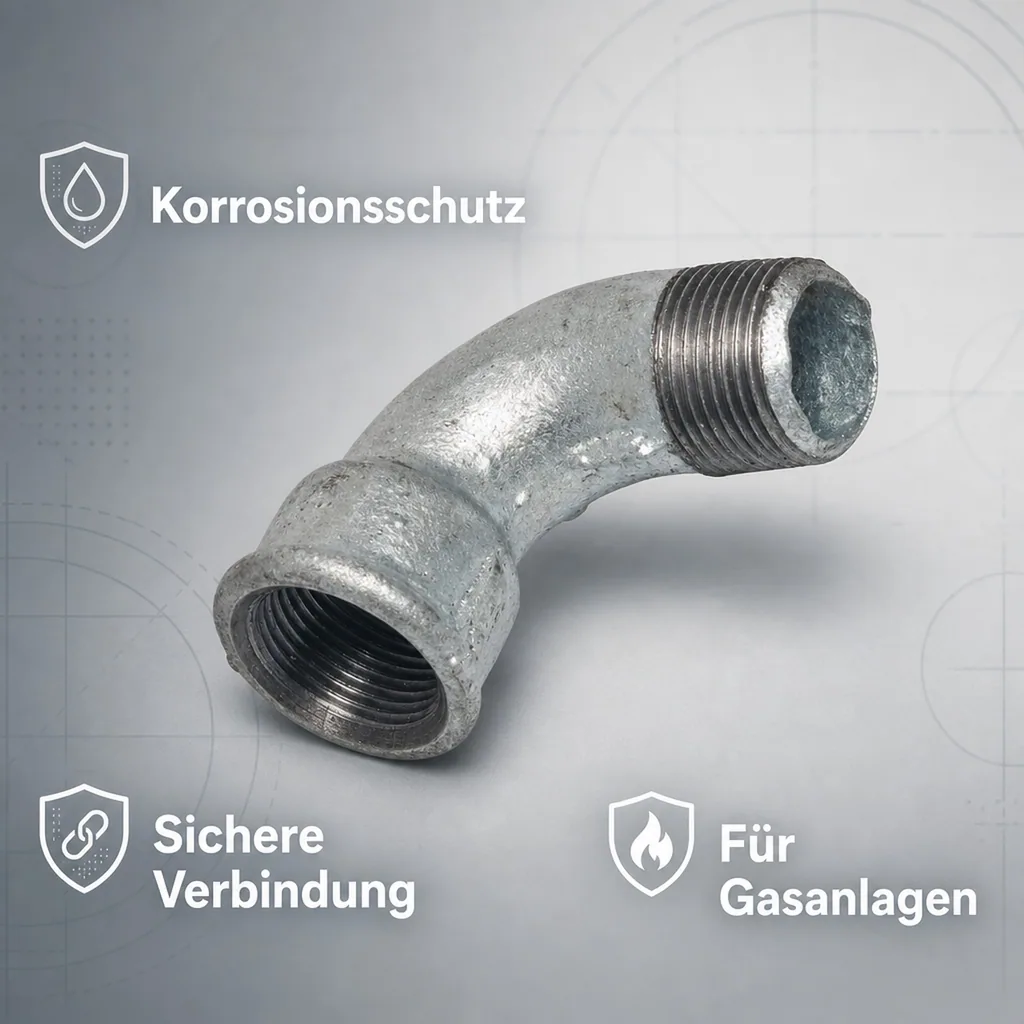 Gewindefitting Temperguss Bogen 90°, kurz 1 1/2" IG x 1 1/2" AG