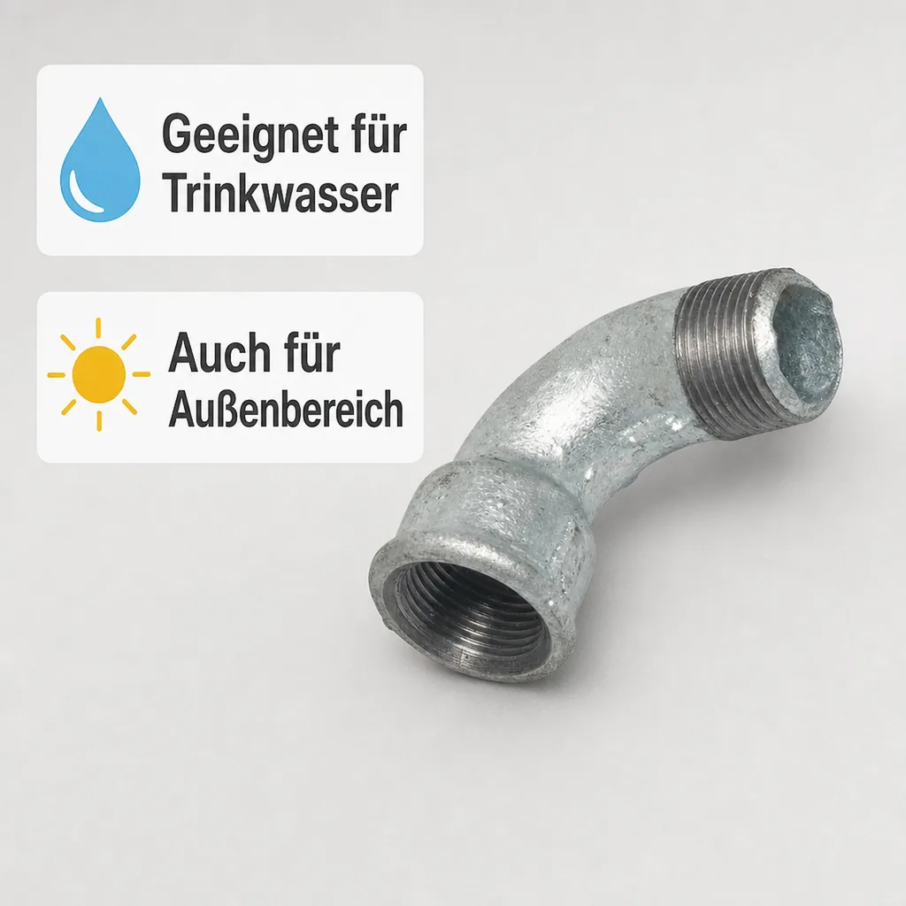 Gewindefitting Temperguss Bogen 90°, kurz 1 1/2" IG x 1 1/2" AG