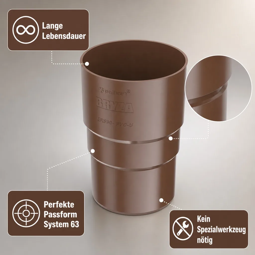 Fallrohrverbinder braun, Fallrohrmuffe 63mm, Rinnenverbinder
