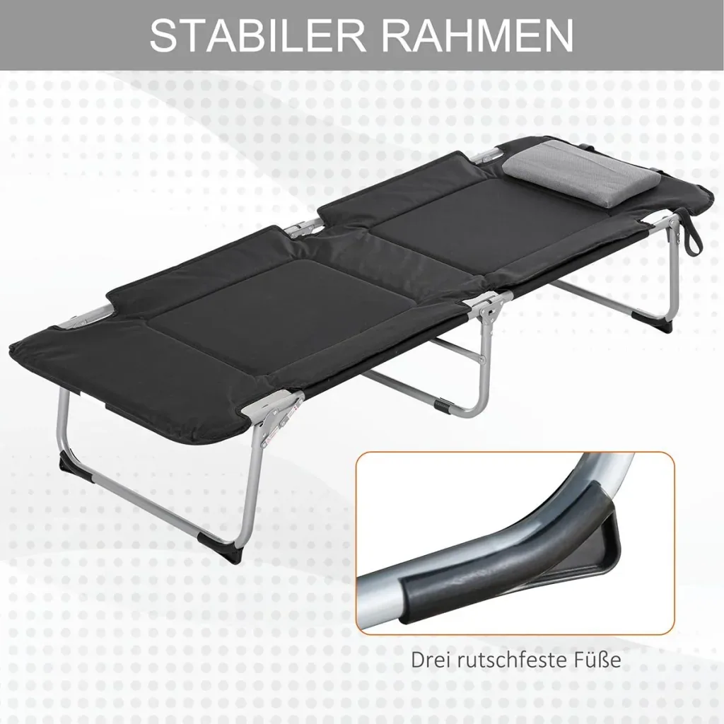Campingbett Feldbett Klappbett mit Kissen inkl. Tasche Schwarz+Silber 183 x 66 x 33 cm