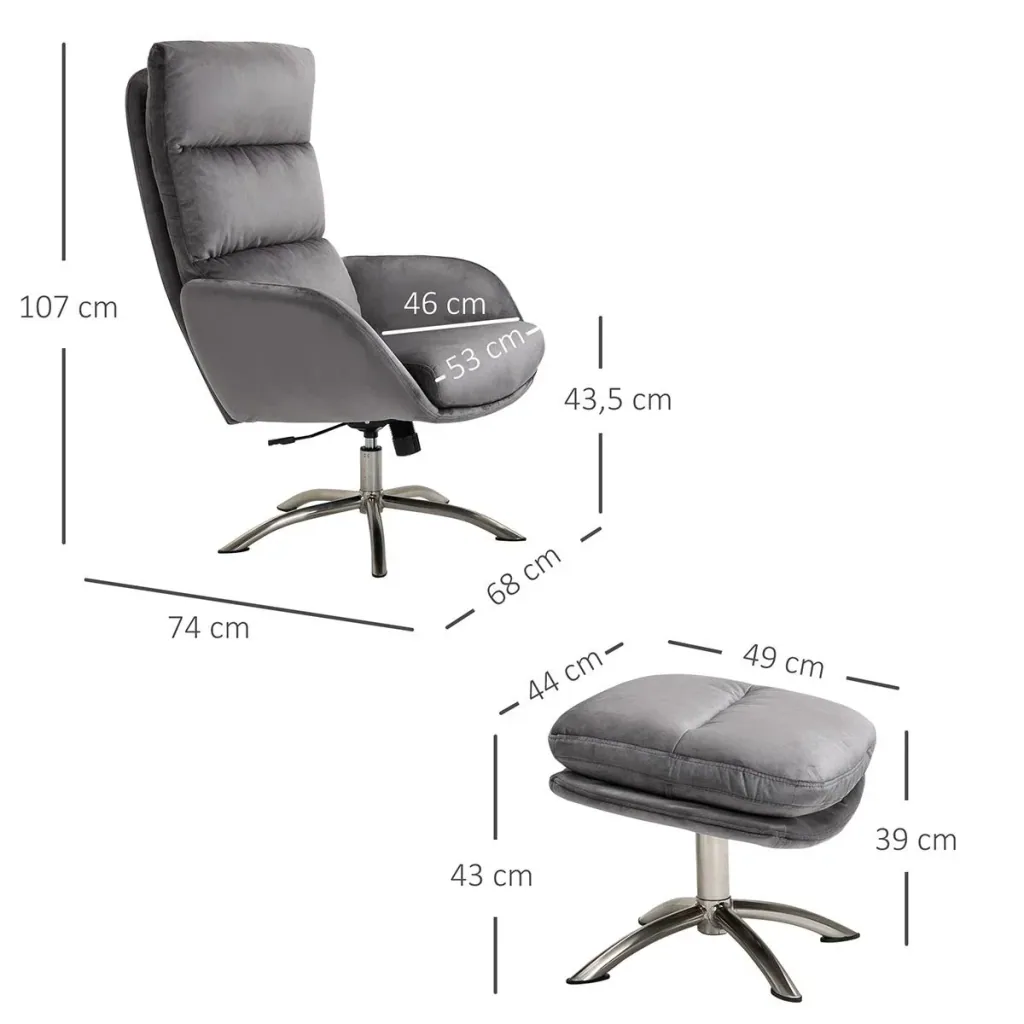 Relaxsessel mit Hocker Fernsehsessel mit Wippenfuntion Stahl Samt Grau+Silber 68 x 74 x 107 cm