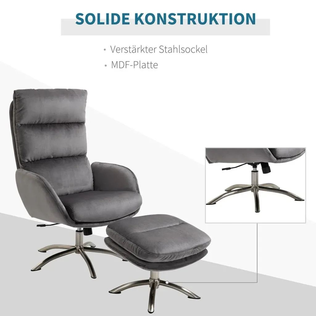 Relaxsessel mit Hocker Fernsehsessel mit Wippenfuntion Stahl Samt Grau+Silber 68 x 74 x 107 cm