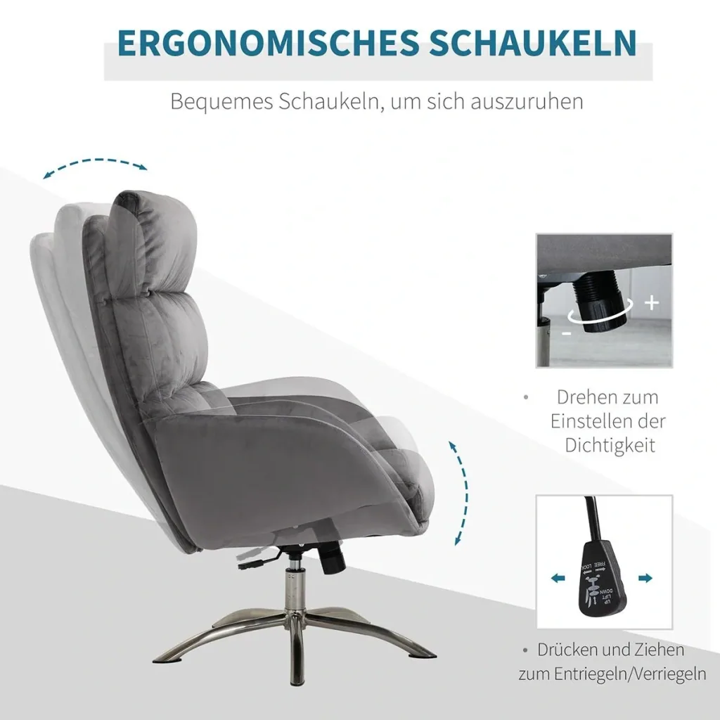 Relaxsessel mit Hocker Fernsehsessel mit Wippenfuntion Stahl Samt Grau+Silber 68 x 74 x 107 cm