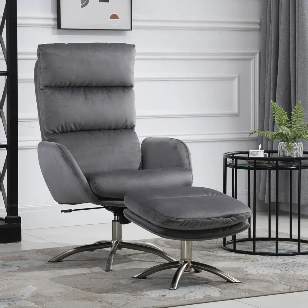 Relaxsessel mit Hocker Fernsehsessel mit Wippenfuntion Stahl Samt Grau+Silber 68 x 74 x 107 cm