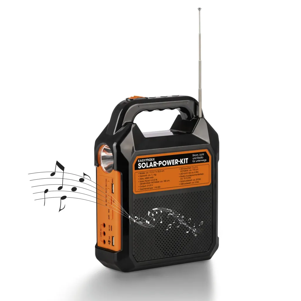 Solar-Generator Kit mit eigenem Solarpanel, Radio und Lautsprecher, 10000mAh schwarz/orange