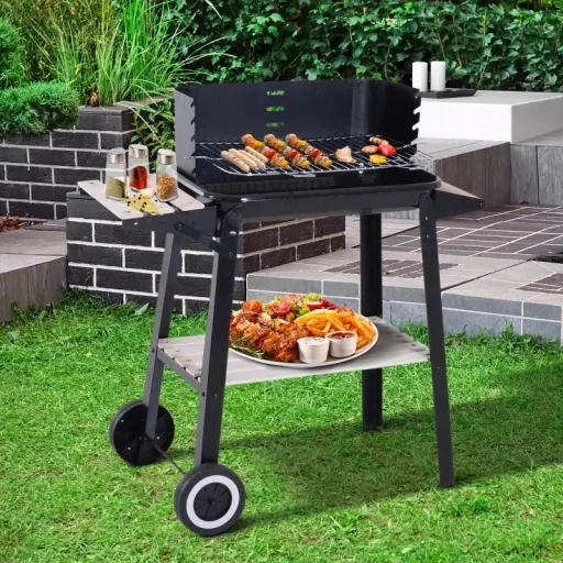Holzkohlegrill - Grillfläche 54 x 34 - Edelstahl - Schwarz - Mit Spieß