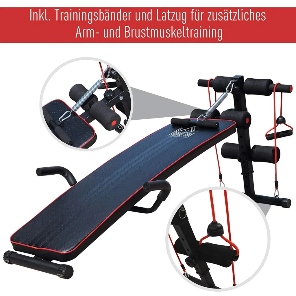 Sit Up Bank Bauchtrainer Trainingsbank Widerstandsbänder Stahl + PVC Schwarz + Rot 56,5 x 135 x (50 68) cm