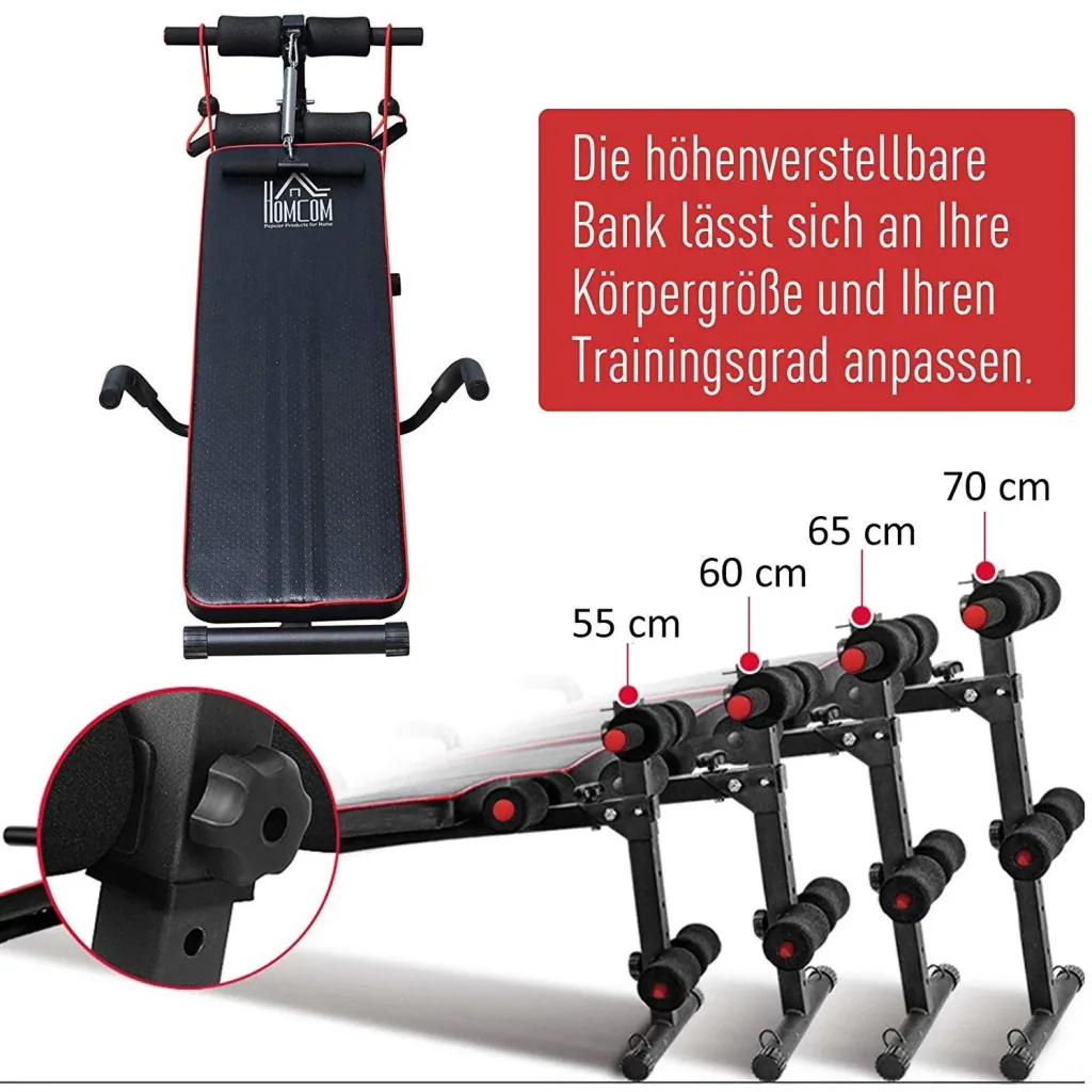 Sit Up Bank Bauchtrainer Trainingsbank Widerstandsbänder Stahl + PVC Schwarz + Rot 56,5 x 135 x (50 68) cm
