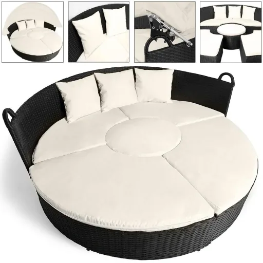Polyrattan-Sonnenliege schwarz-creme Ø185cm mit Sonnendach