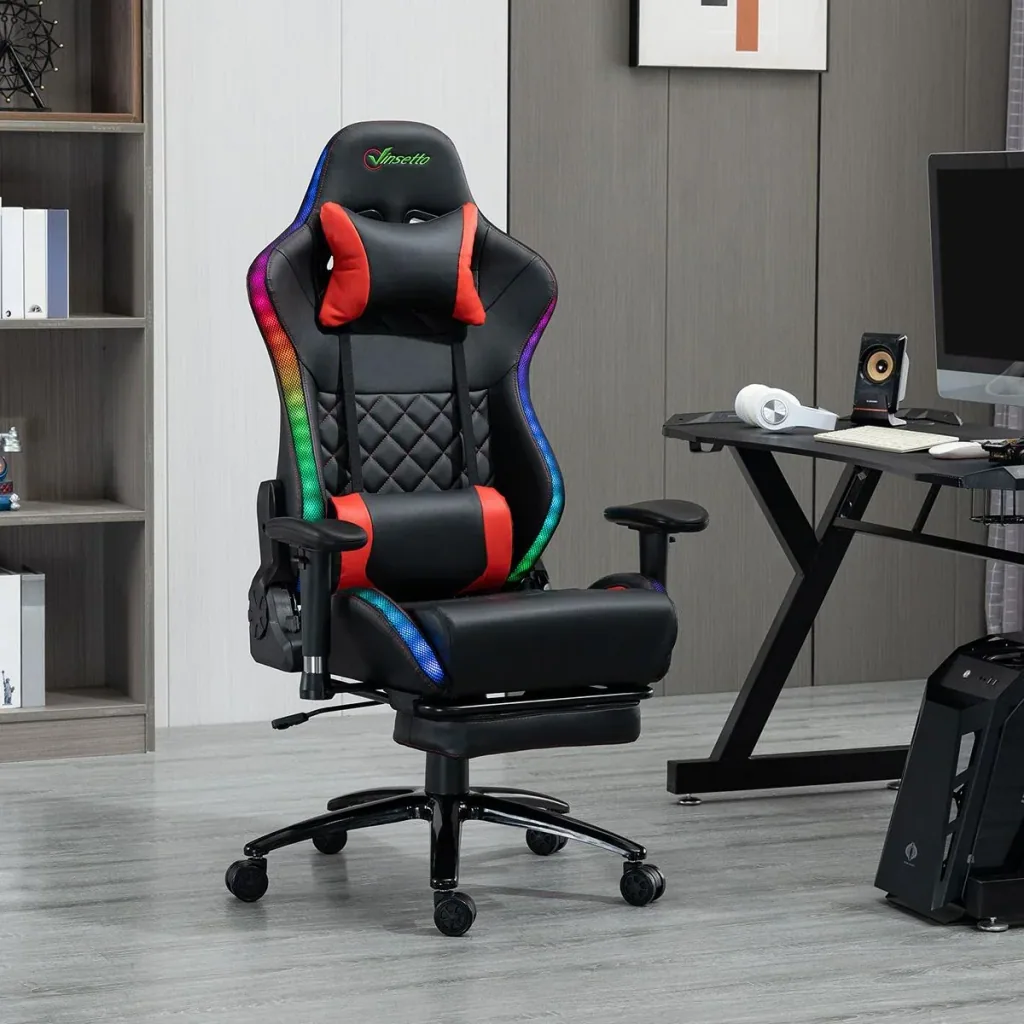 Gamingstuhl mit RGB LED-Leuchten Wippenfunktion Bürostuhl Schreibtischstuhl Fußstütze ergonomisches Design modern höhen