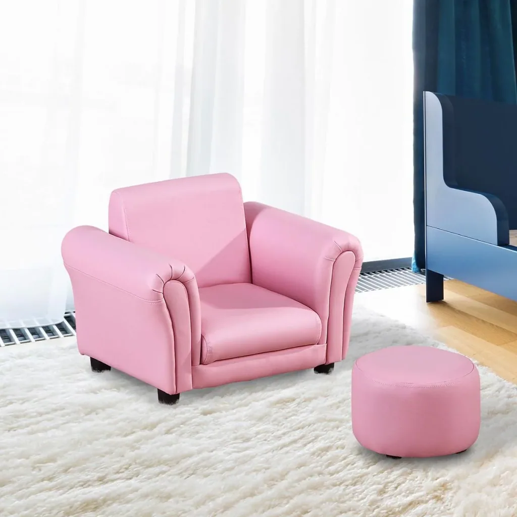 Kindersessel mit Fußhocker Kindercouch Kindersofa Minisofa Kindermöbel Holz Rosa