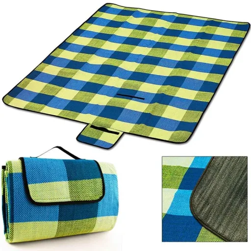 Picknickdecke mit praktischem Tragegriff 2x2m hellblau gelb
