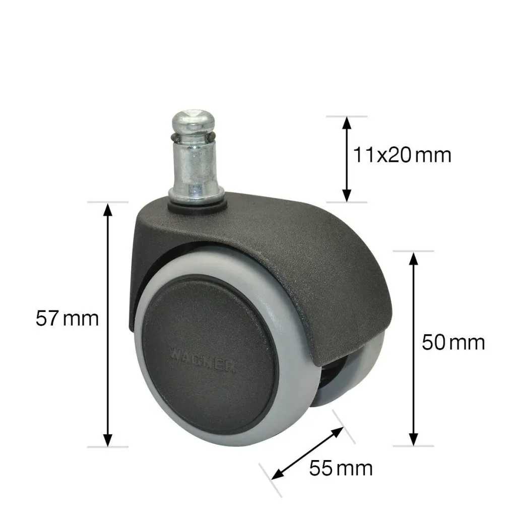 Drehstuhlrollen/Bürostuhlrollen 5 teilig Ø 50 mm, soft, intervallgebremst, Steckstift 11 x 20 mm, Tragkraft 50 kg/Rolle