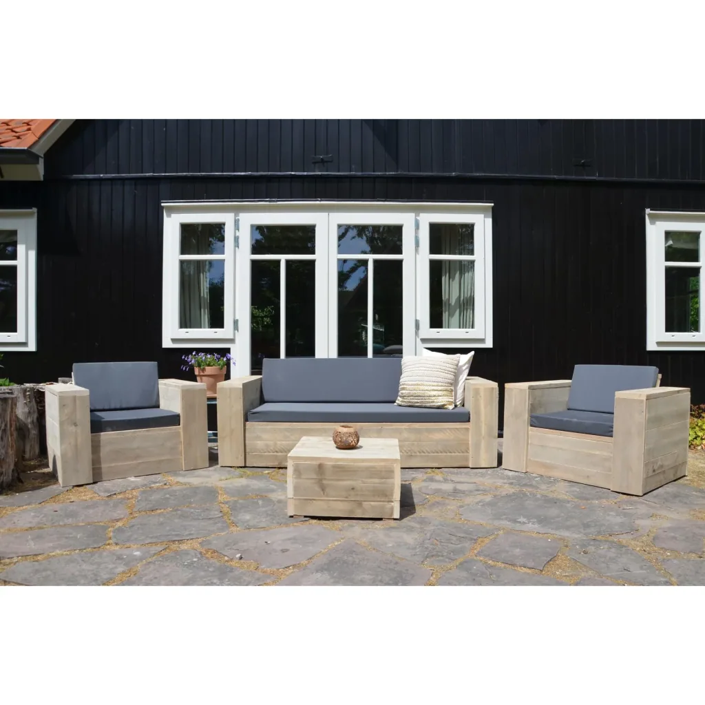 Lounge-Set robustes Gerüstholz komplett# Sofa, Stühle, Tisch und Outdoor-Kissen