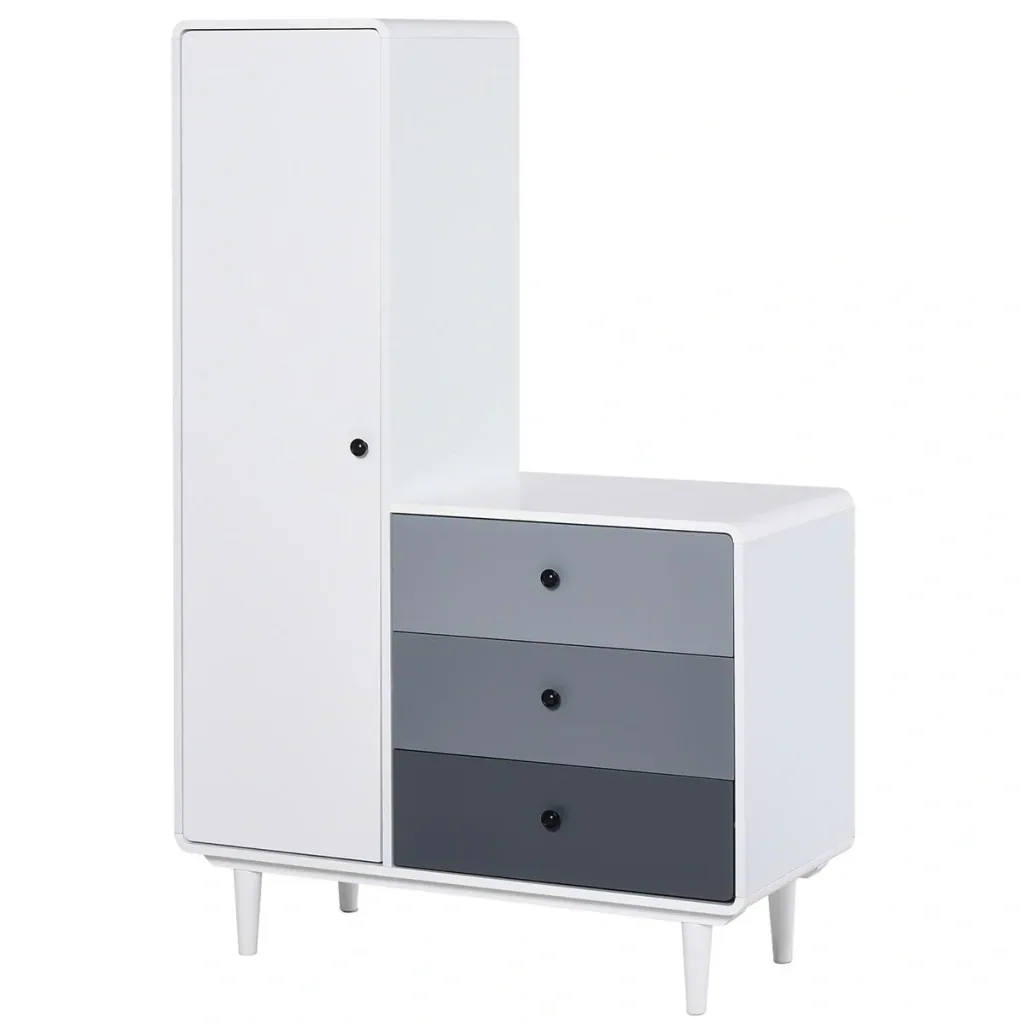 Kleiderschrank mit Nachttisch 2-in-1 Schrank mit Stange Schublade für Wohnzimmer Schlafzimmer MDF Holz Weiß+Grau 100 x 4