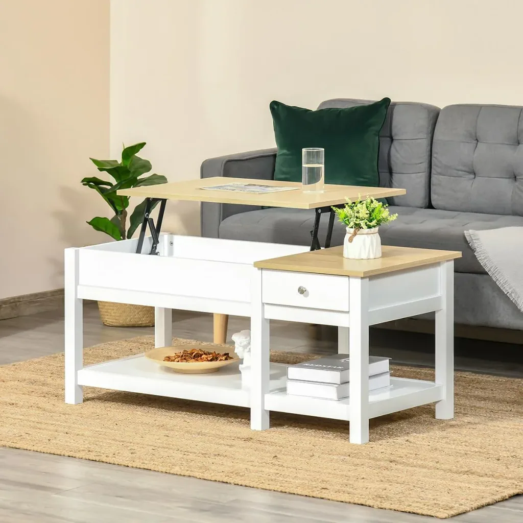 Couchtisch Wohnzimmertisch mit Schublade Beistelltisch Kaffeetisch Teetisch Nachttisch MDF Weiß+Eiche 108 x 48 x 48 cm