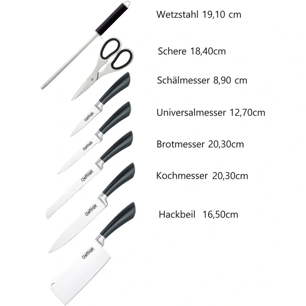 Cheffinger 8-teiliges Messerset mit Ständer - Silber/Schwarz
