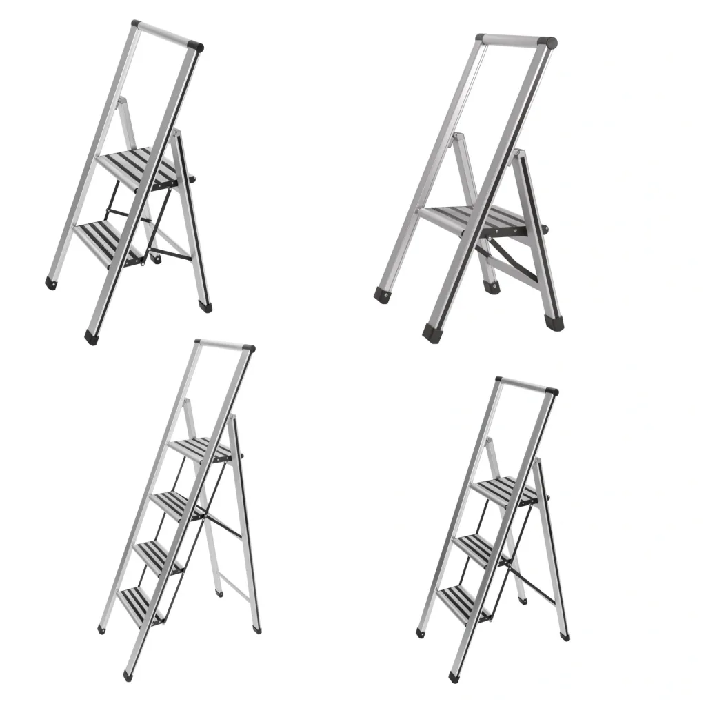Alu-Design Klapptrittleiter 4-stufig Silber, rutschfeste Haushaltsleiter, Sicherheits-Stehleiter